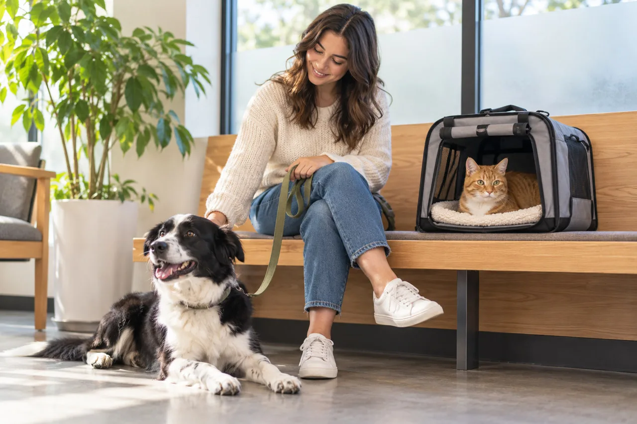 Owner waiting with a black-and-white dog and an orange cat in a carrier